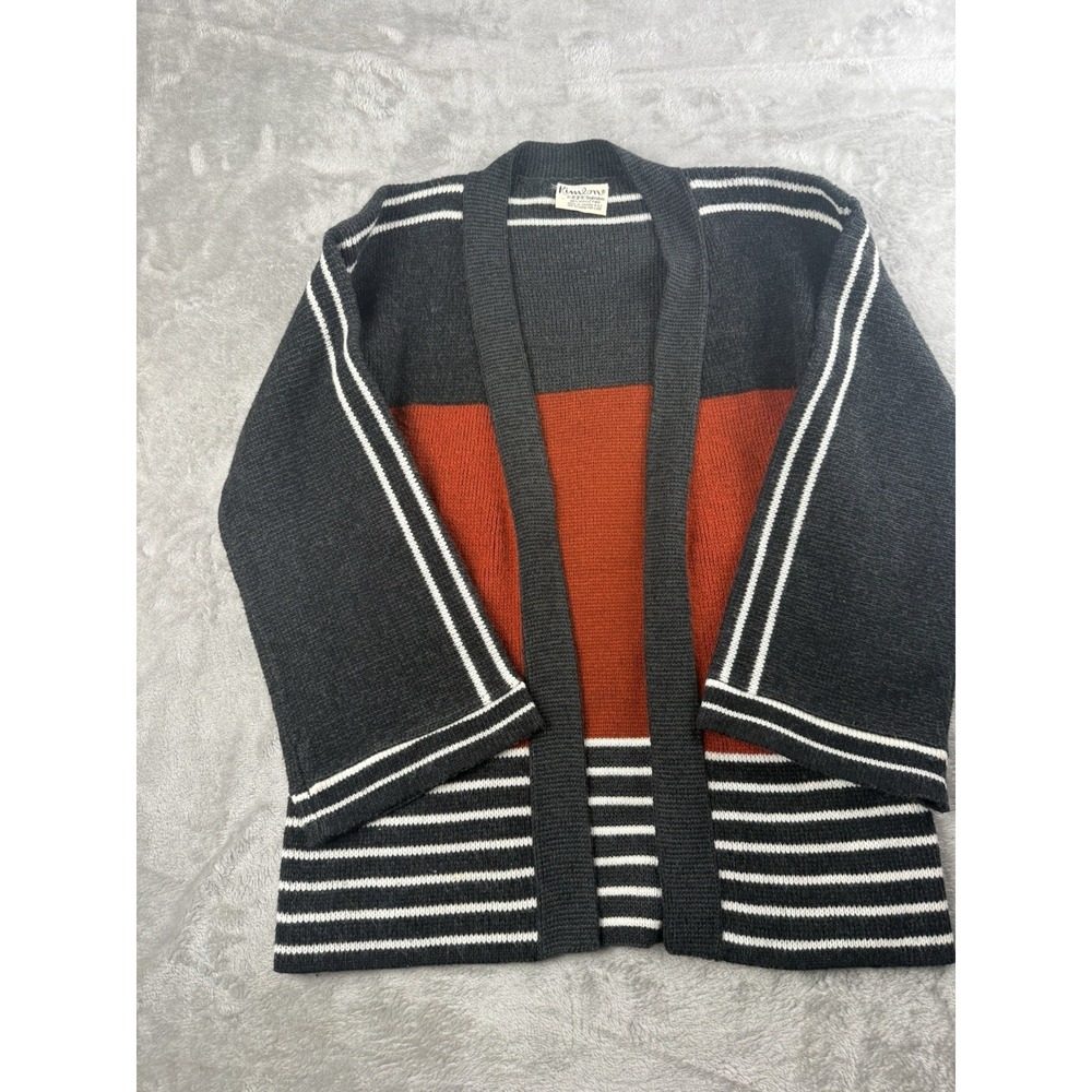 Vintage Kimlon by R & K Imports Open Front Cardigan Sweater Black Rust Striped